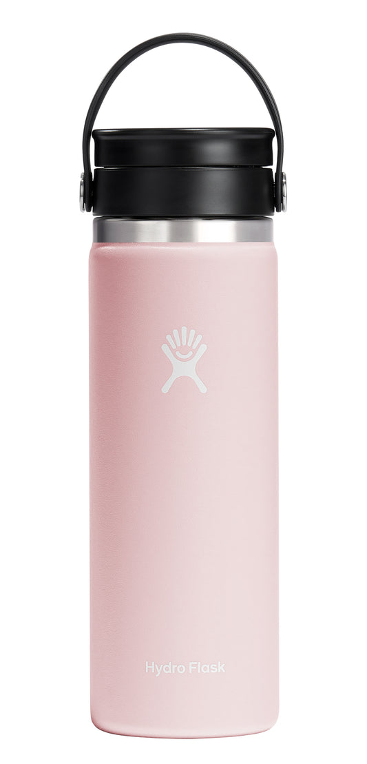 Light pink insulated bottle with a black cap and a carrying handle.