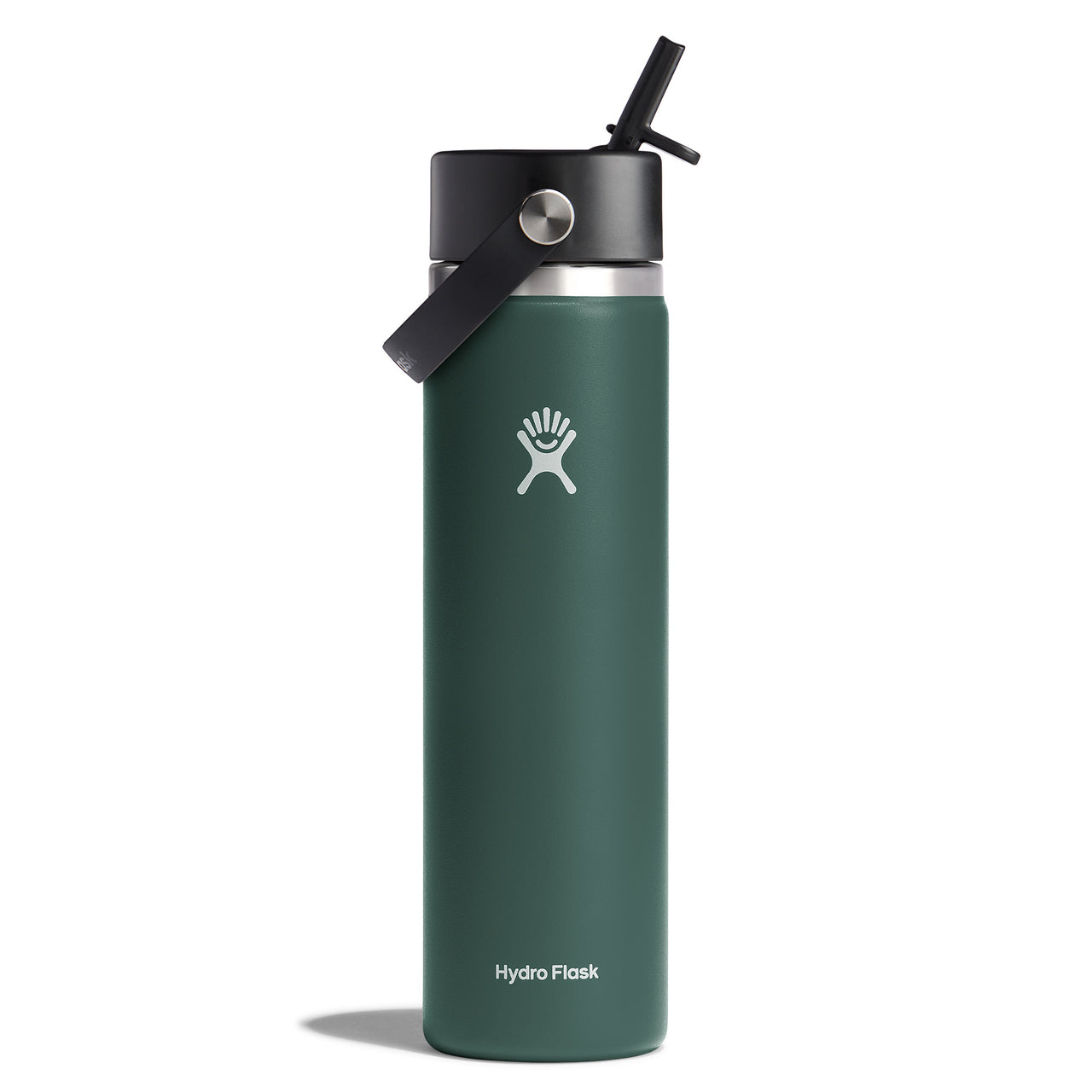 Green water bottle with black straw and handle, featuring a white logo.