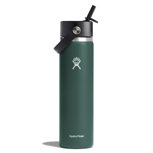 Green water bottle with black straw and handle, featuring a white logo.