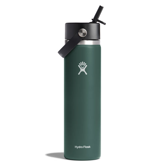 Green water bottle with black straw and handle, featuring a white logo.