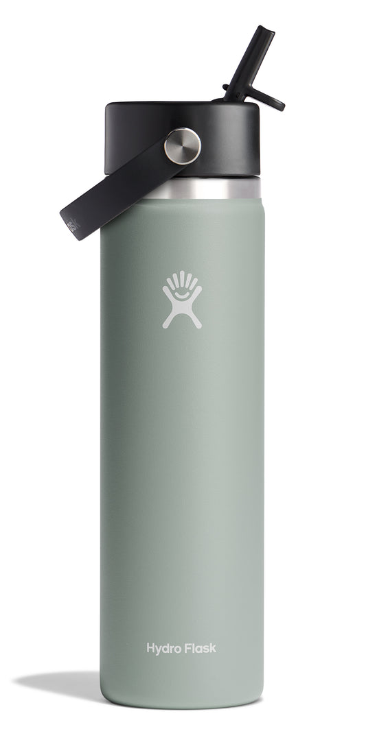 A light green water bottle with black straw lid and handle.