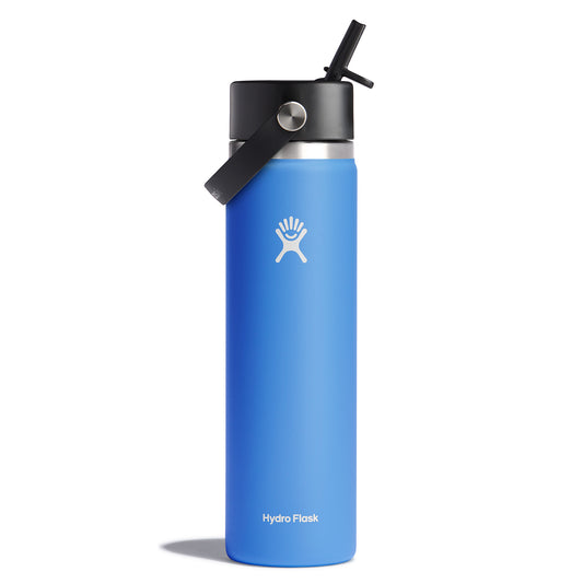 Blue water bottle with a black straw and a Hydro Flask logo on the side.