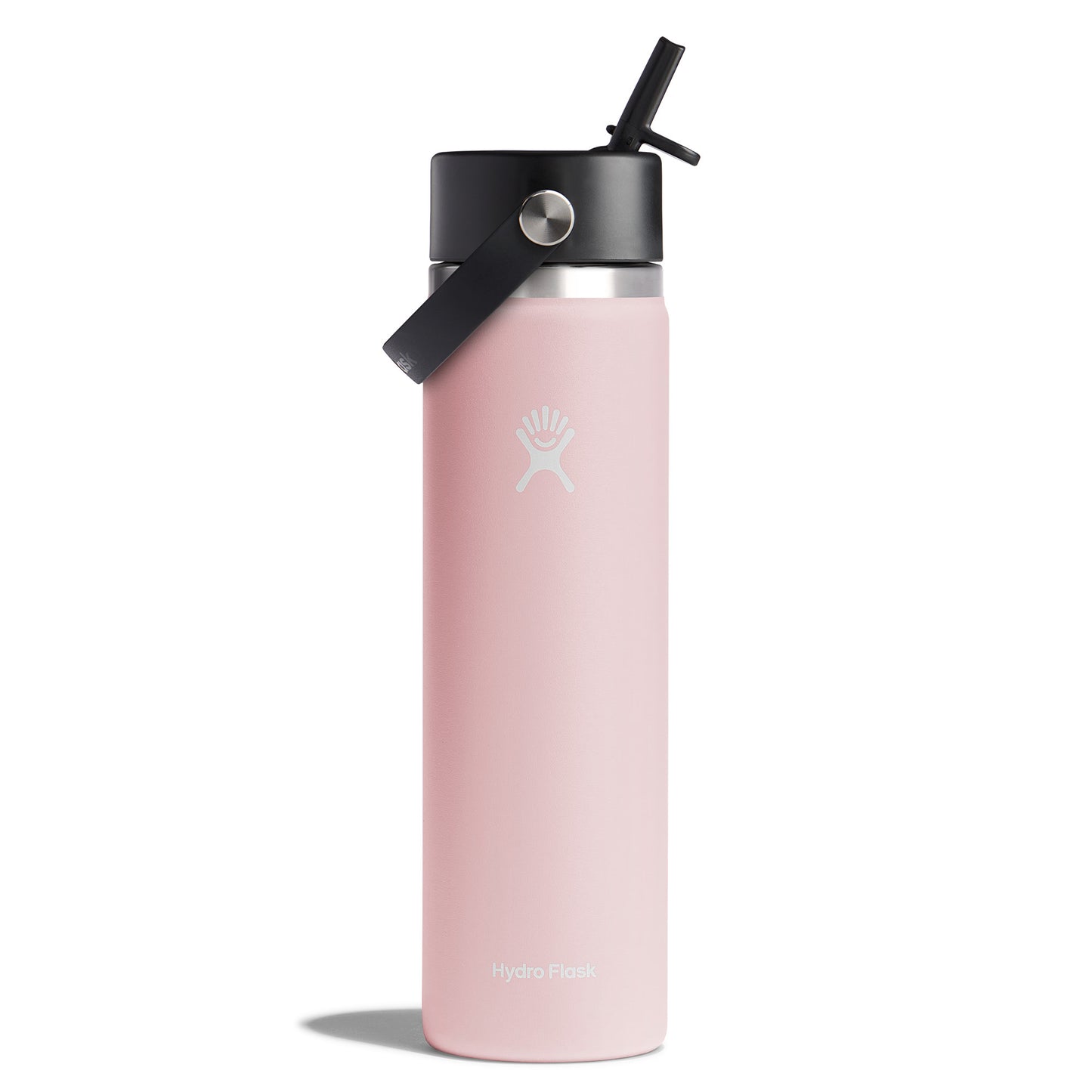 A pink water bottle with a black straw and cap.