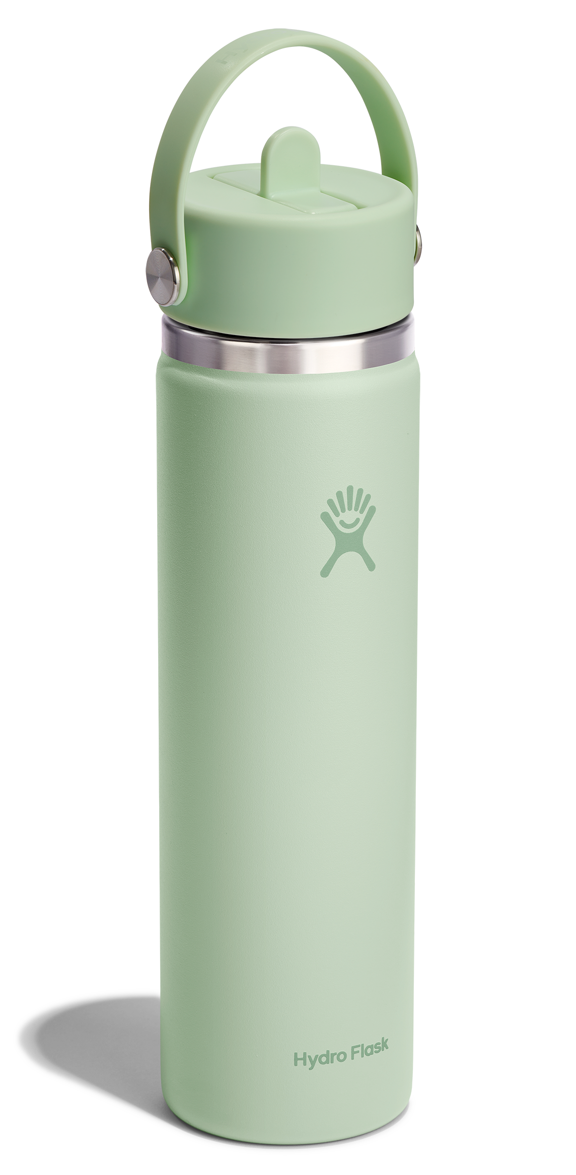 A mint green water bottle with a handle.