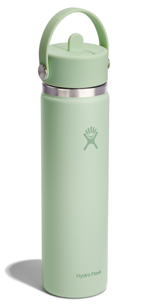 A mint green water bottle with a handle.