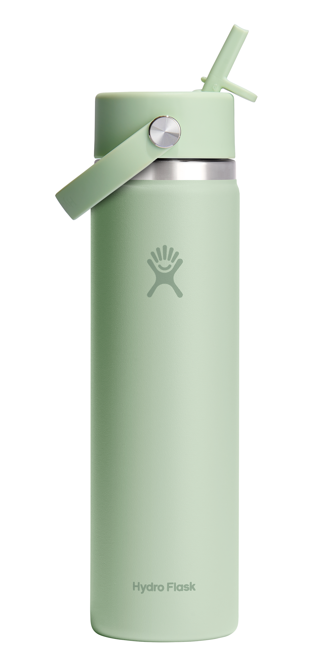 Green insulated water bottle with straw and handle; visible text: Hydro Flask