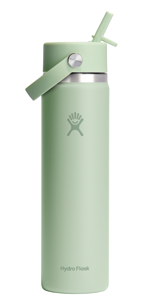 Green insulated water bottle with straw and handle; visible text: Hydro Flask