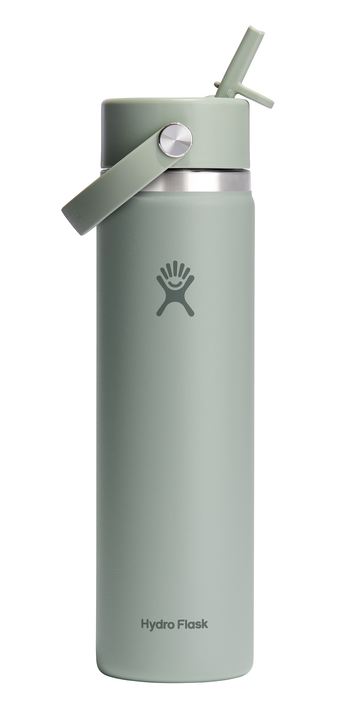 Light green insulated water bottle with carrying handle and straw.