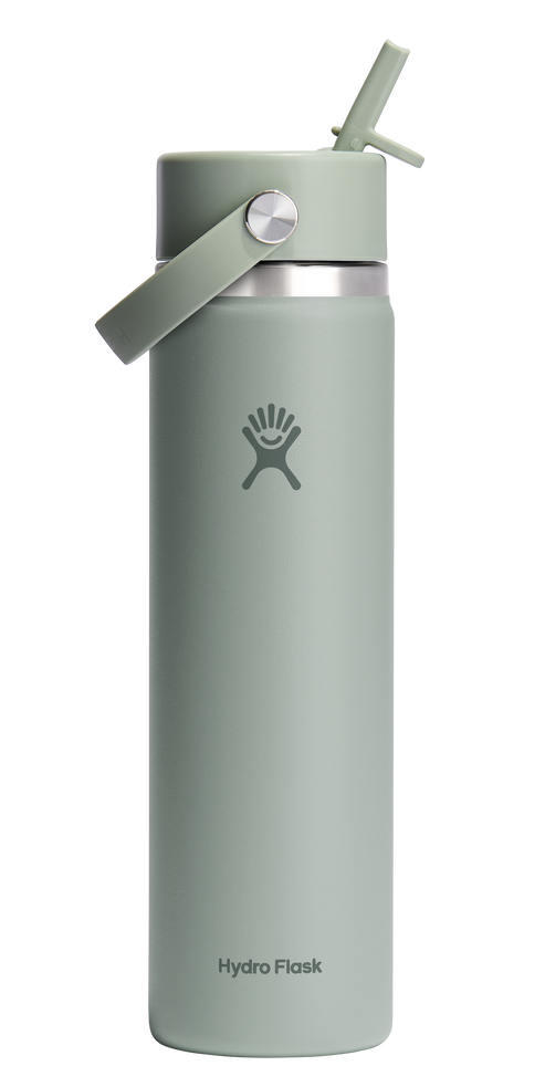 Light green insulated water bottle with carrying handle and straw.