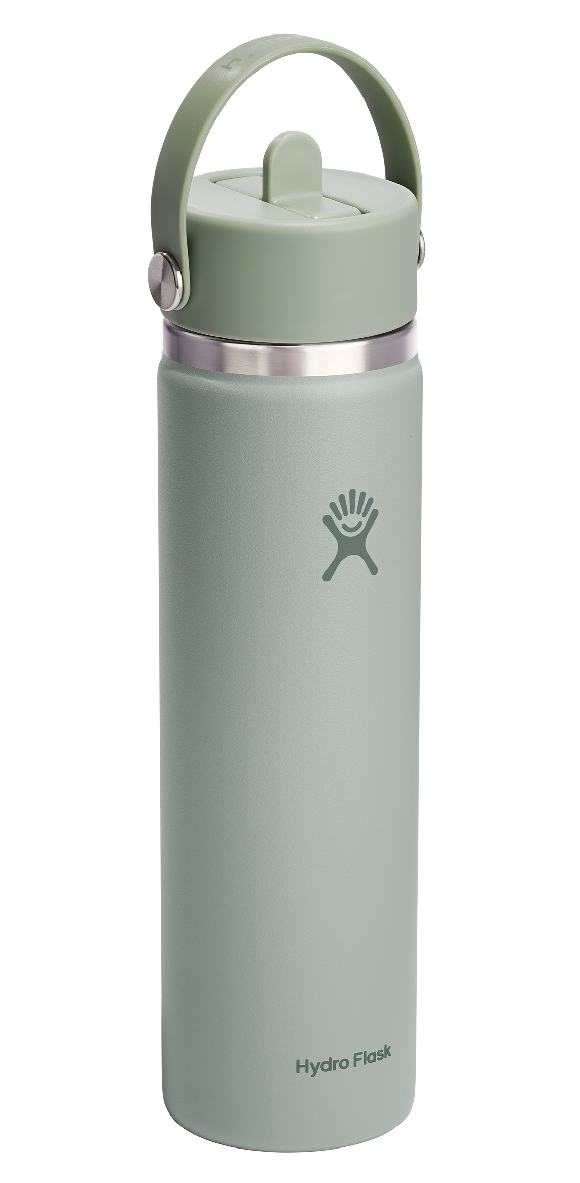 A green water bottle with a handle on top. It has a logo and the words "Hydro Flask" written on it.