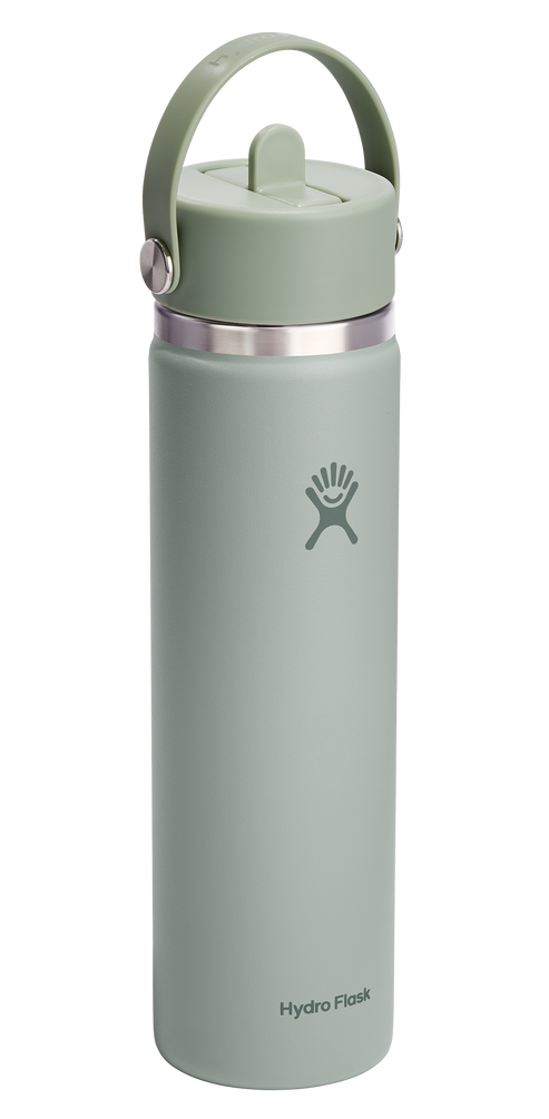 A green water bottle with a handle on top. It has a logo and the words "Hydro Flask" written on it.