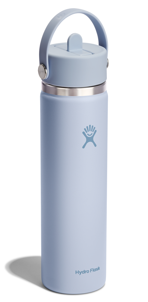 A light blue Hydro Flask water bottle with a straw lid.