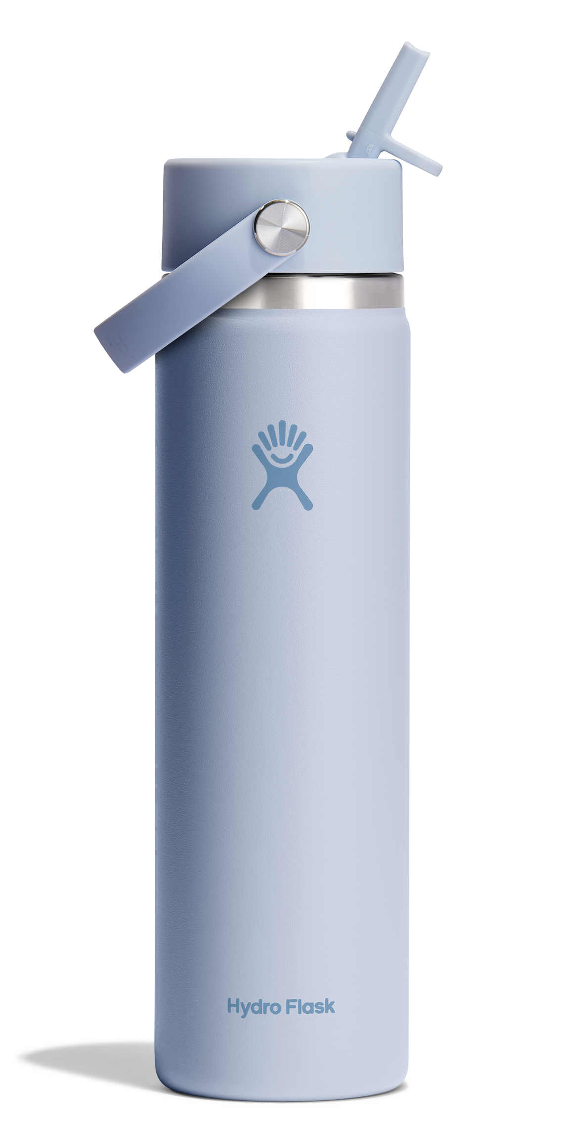 Light blue stainless steel water bottle with straw lid.