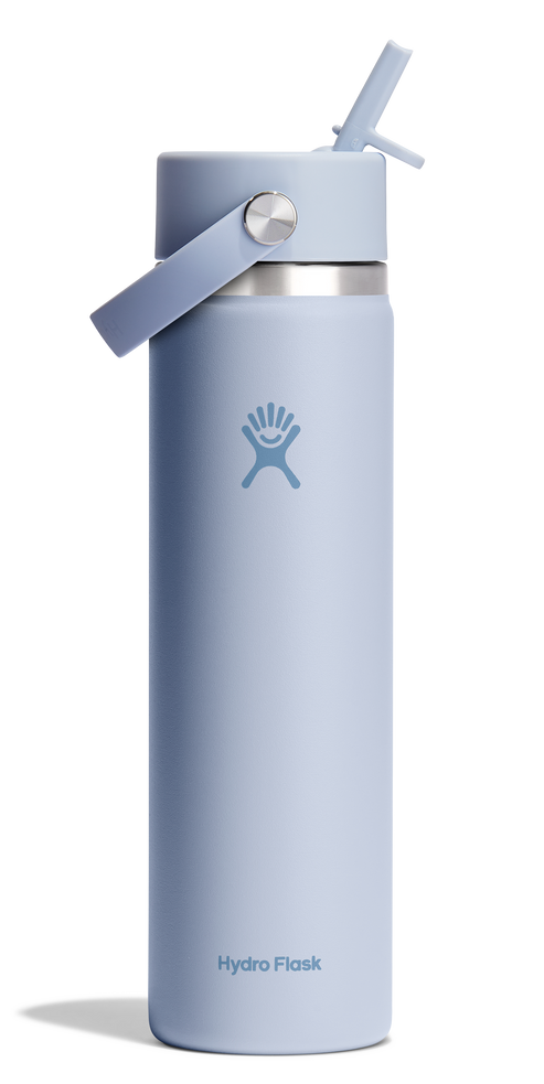 Light blue stainless steel water bottle with straw lid.