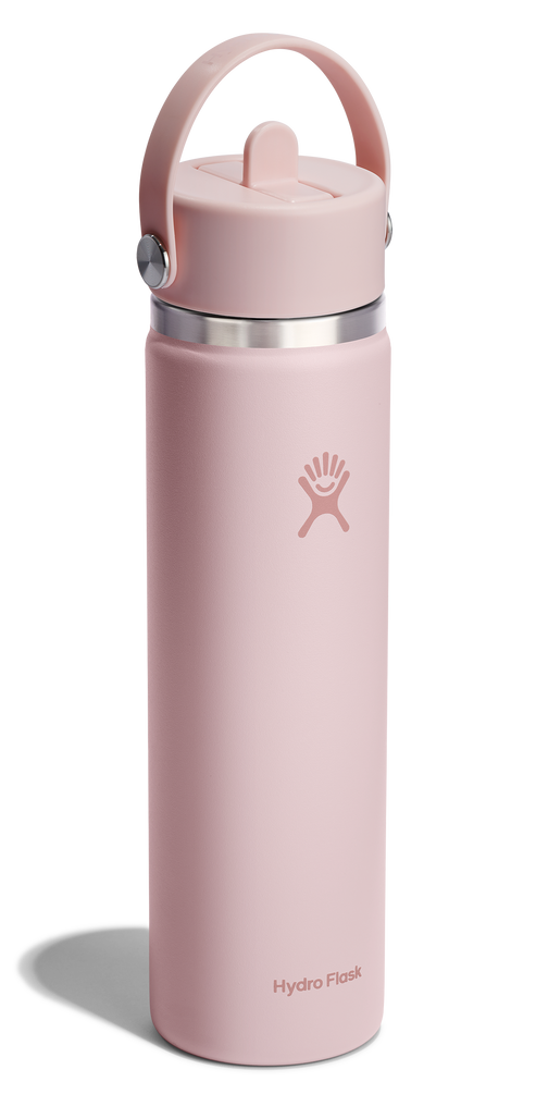 Light pink water bottle with carry loop.