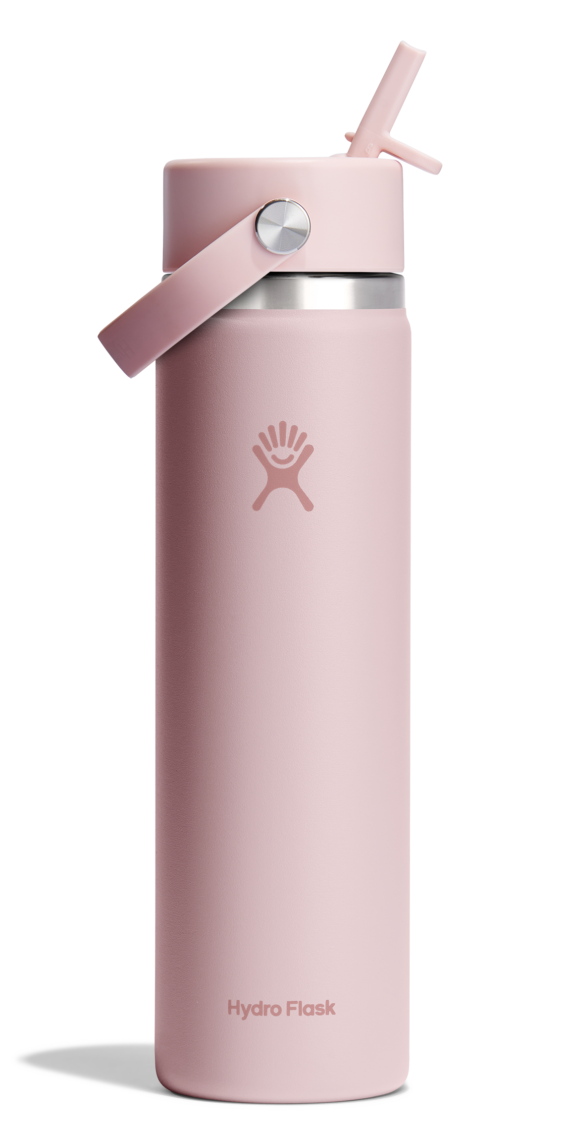 A tall pink water bottle with a straw.