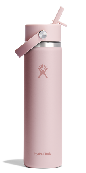 A tall pink water bottle with a straw.