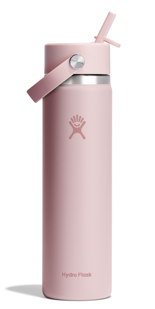A tall pink water bottle with a straw.