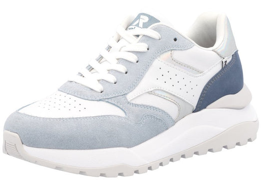 A low-top white and light blue sneaker with white laces and a thick white sole.