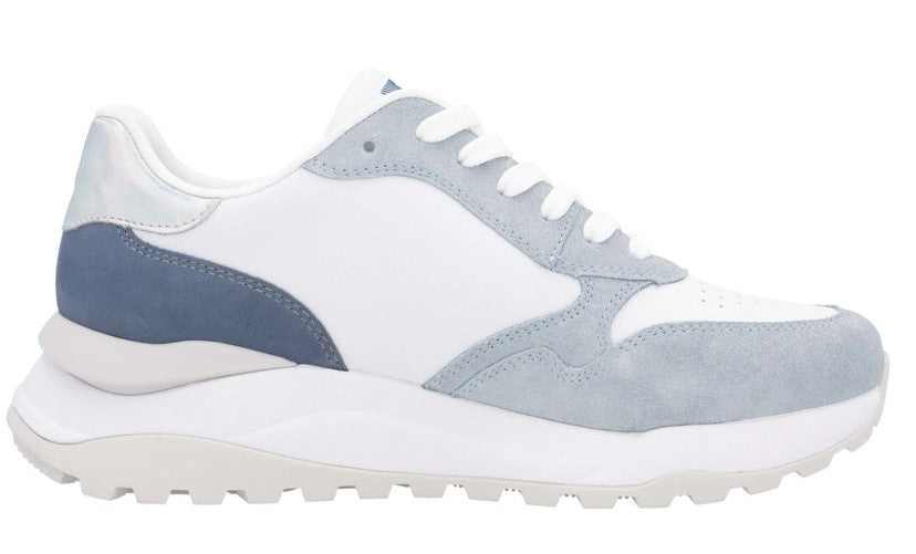 A white and grey sneaker with a thick white sole.