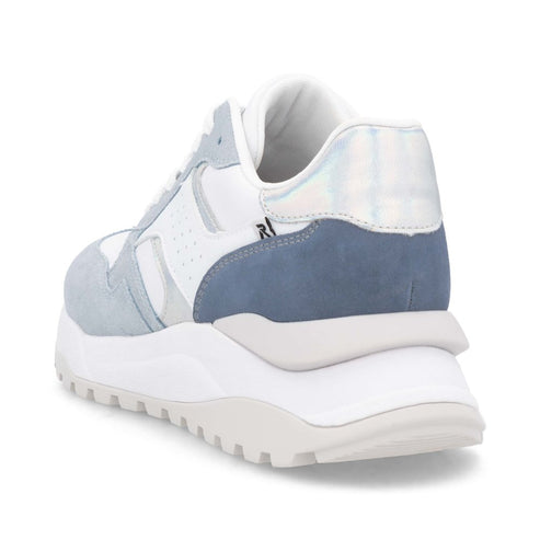 Sneaker in white and blue, with a chunky white sole and subtle tread pattern.