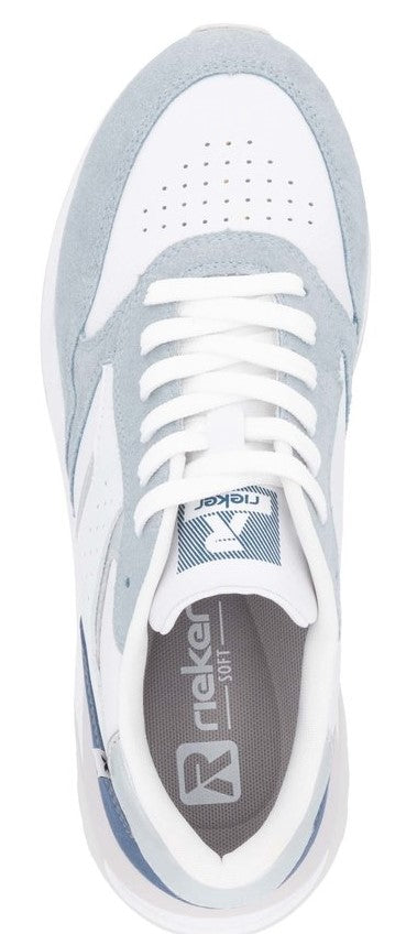 white and light blue sneaker with white laces and a visible 'Rieker SOFT' logo on the insole