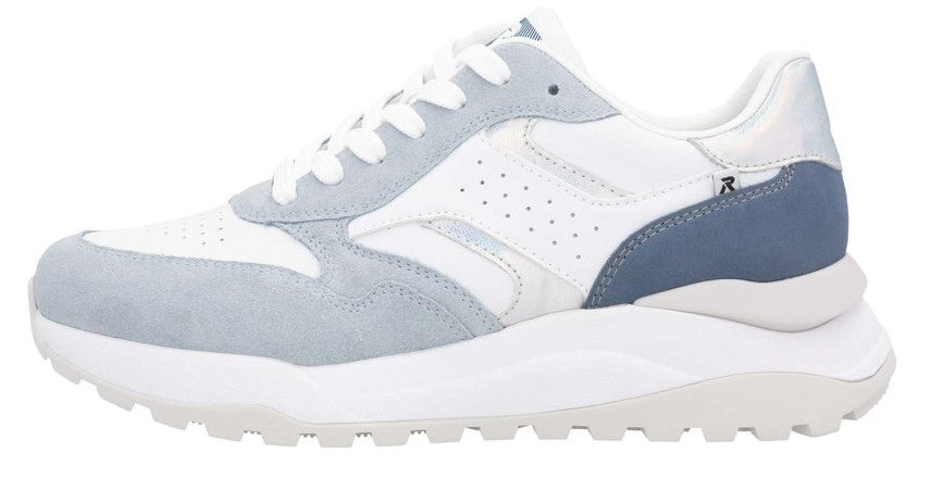 White and light blue sneaker with white laces and thick white sole.