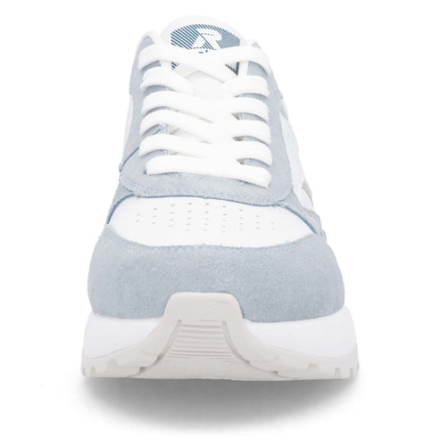 A white and blue sneaker with white laces and an "R" logo on the tongue.