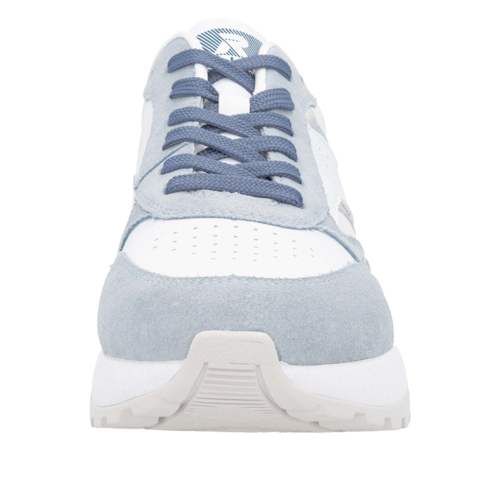 Eye-level shot of a blue-and-white sneaker with blue laces.