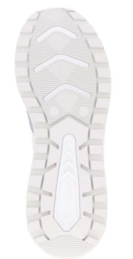 White shoe sole with geometric tread pattern.