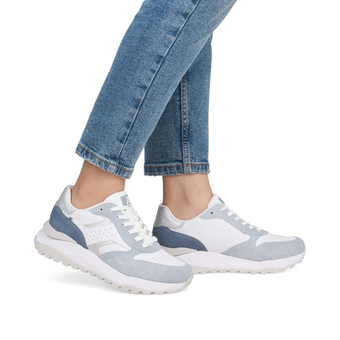 White and light-gray suede sneakers with white laces and platform soles.