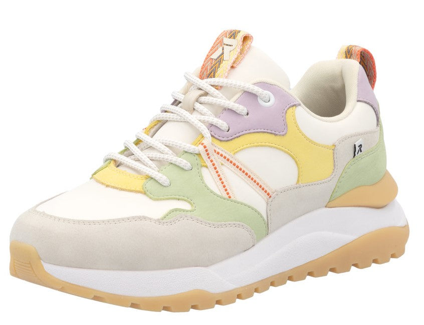 A running shoe featuring a white body with lilac, yellow, and sage suede overlays, complemented by white laces and a thick white sole atop a gum rubber base.