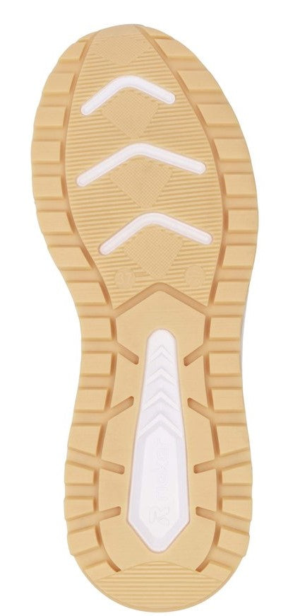 A sole of a shoe with a brown and white geometric pattern.