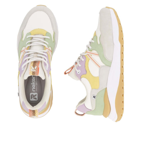 Two rieker-branded sneaker shoes, view from above and side; white, green, yellow, purple.