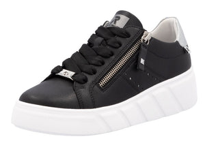 Black sneaker with thick white sole, side zipper and black laces.