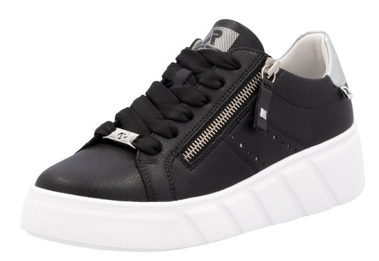 Black sneaker with thick white sole, side zipper and black laces.