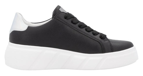 Black leather sneaker with white platform sole and black laces