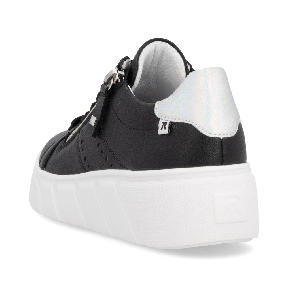 A black leather platform sneaker with a white sole and heel.
