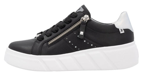 A black sneaker with a zipper, a silver heel patch, and a white platform sole.