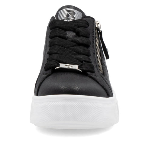 A black sneaker with a silver zipper and logo on the tongue.