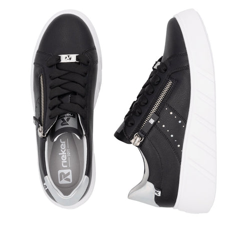 Two black sneakers, one top-down view, one side view, with white soles, black laces, and silver accents.