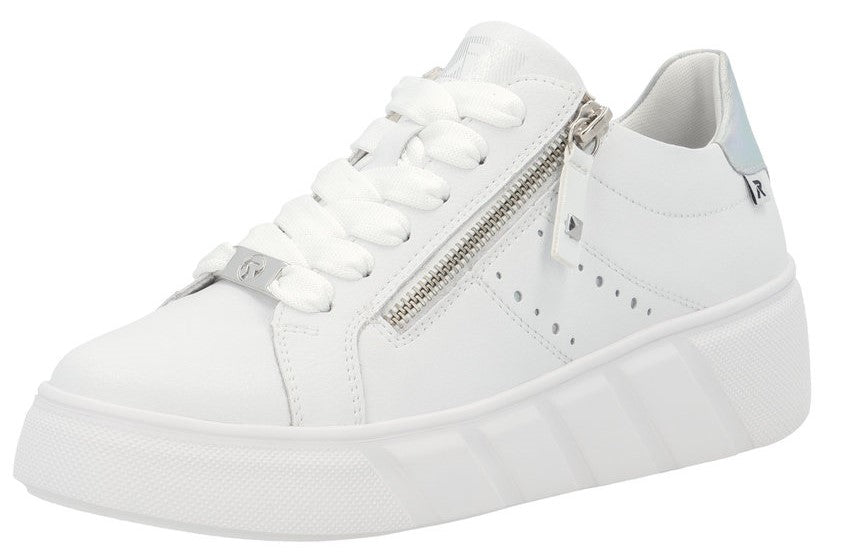 White low-top platform sneaker with laces and side zipper.