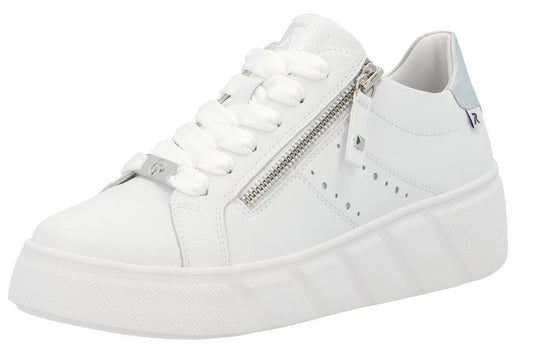 White low-top platform sneaker with laces and side zipper.