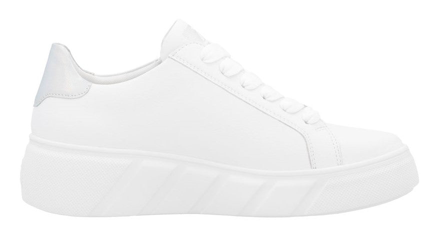 A white sneaker with a platform sole, visible laces and a gray heel patch.