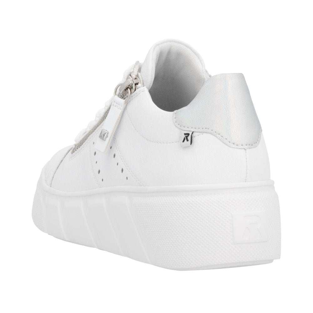 White leather sneaker with silver heel accent and side zipper.