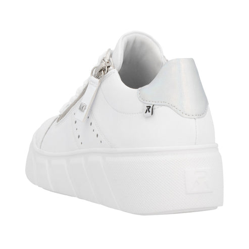 White leather sneaker with silver heel accent and side zipper.