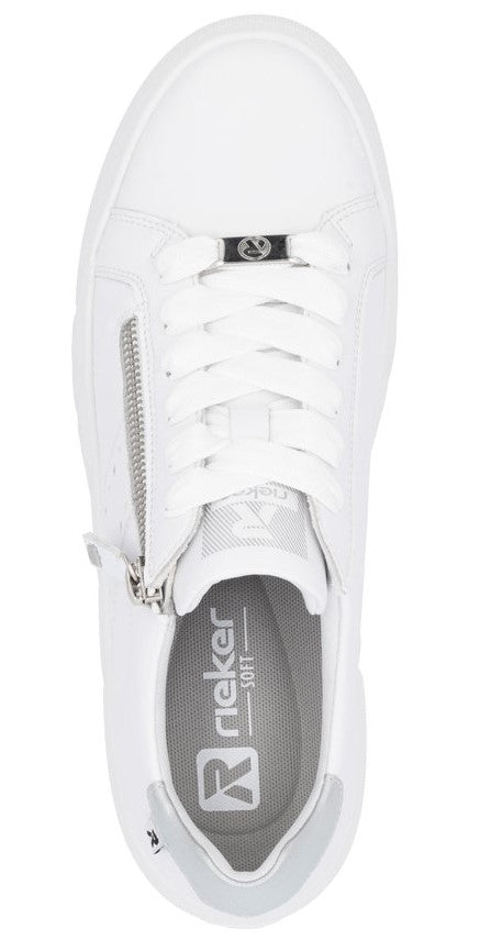 Top-down view of a white sneaker with white laces and a side zipper.