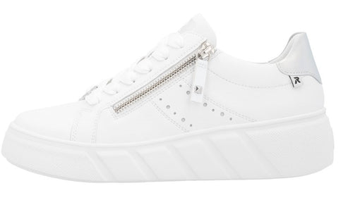 A white sneaker with laces and a silver zipper on the side and a silver heel.
