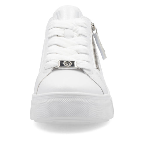 White sneaker featuring laces, a silver logo, and side zipper.