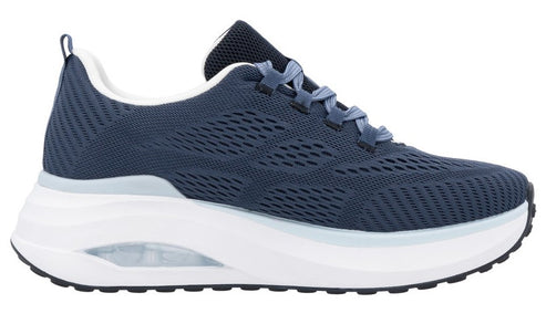 Navy athletic shoe with a white sole and a mesh upper.